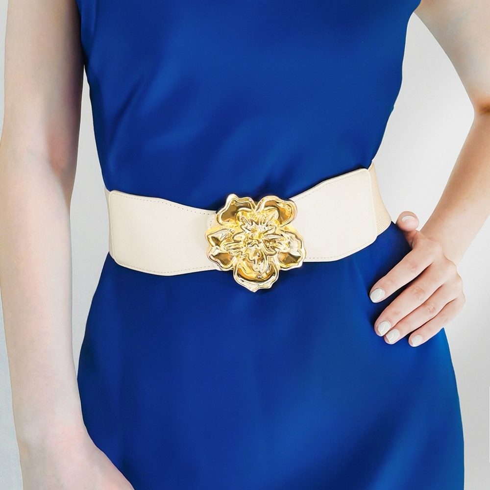 Ivory Elastic Belt with Gold Floral Buckle